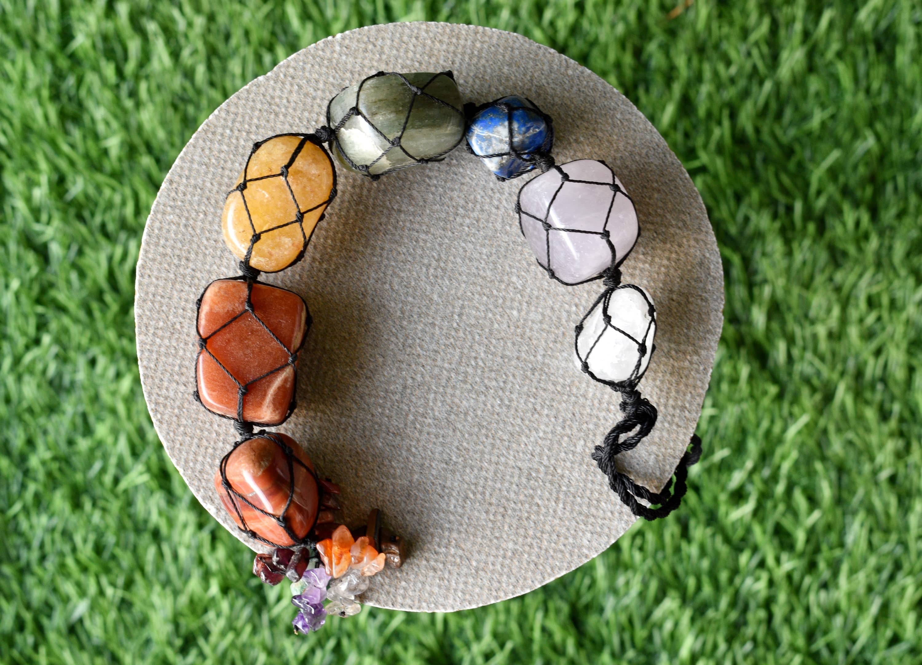 7 Chakra Tumbled Stone Car Hanger With Chips Tassel, Healing Crystals