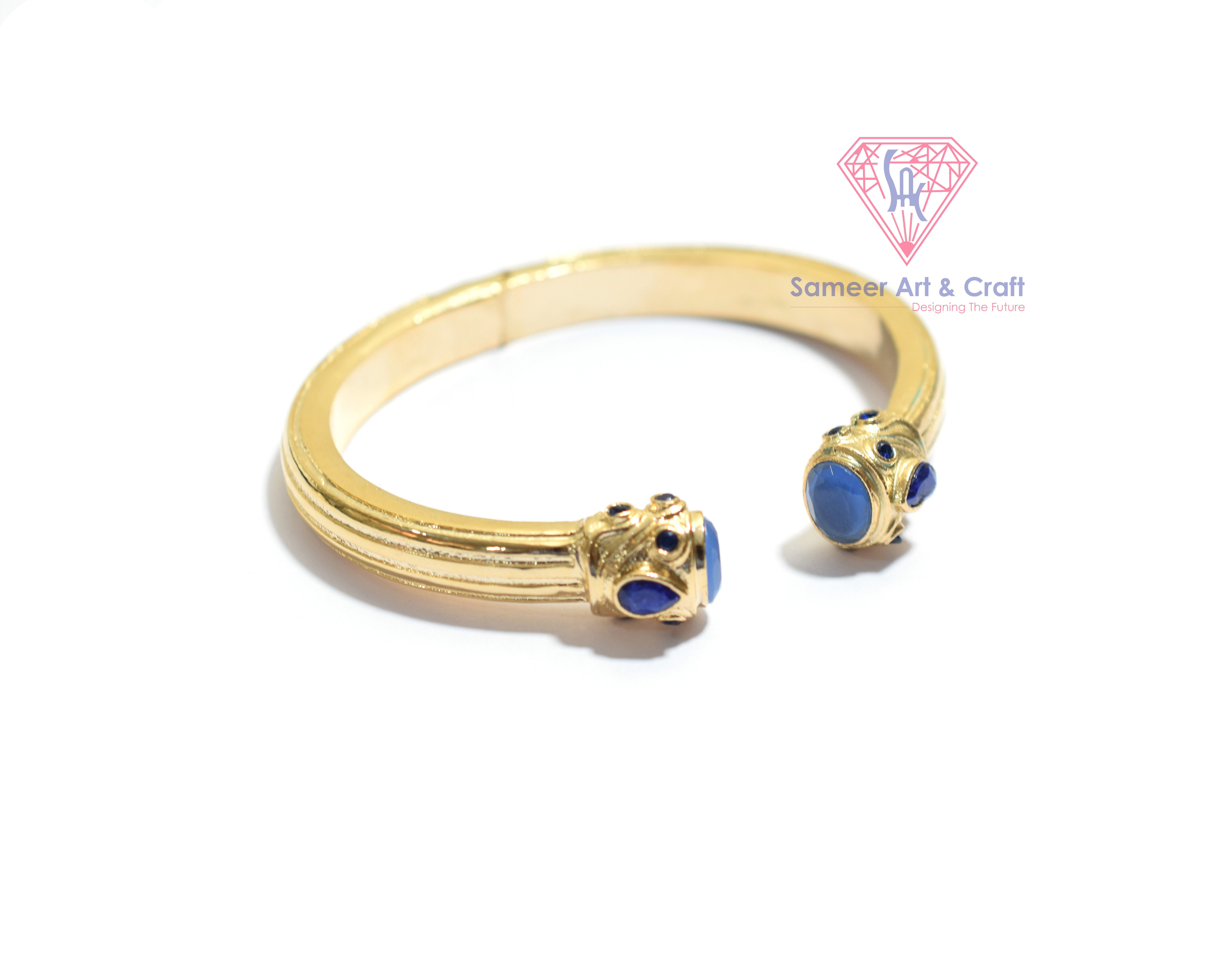 Blue Chalcedony And Blue Sapphire Gemstone Gold Plated Adjustable Bangle