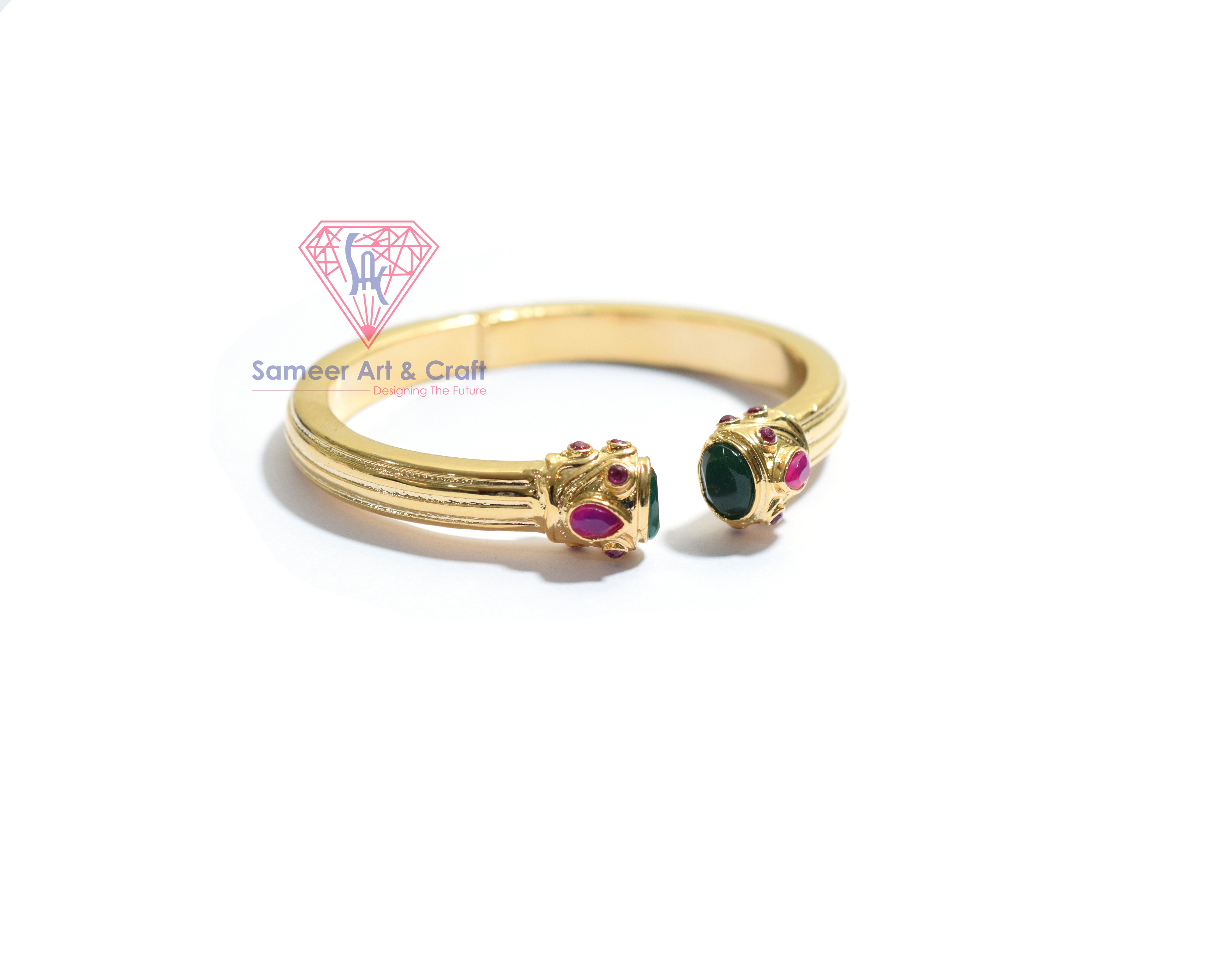 Green Onyx And Hot Pink Chalcedony Gemstone Gold Plated Adjustable Bangle