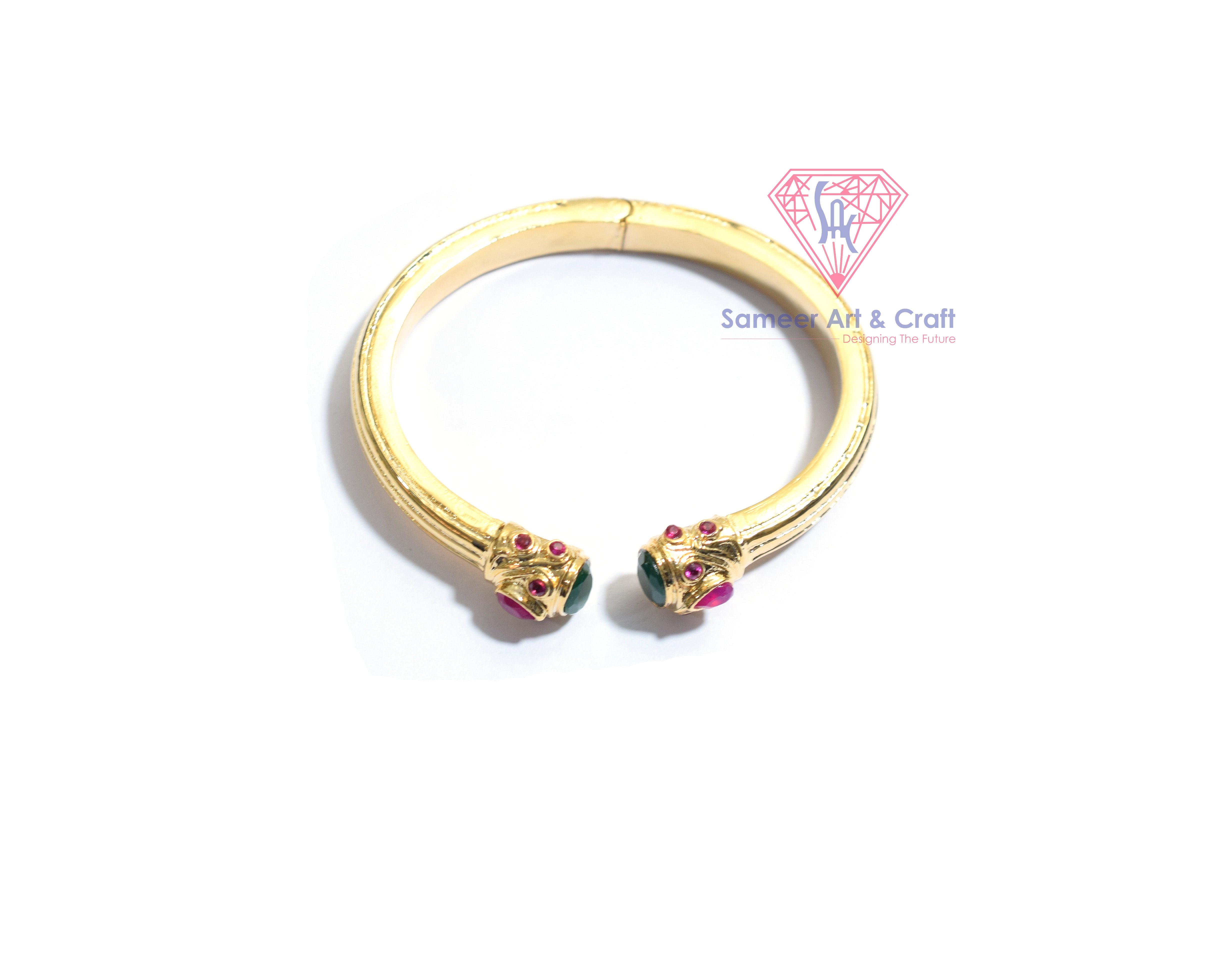 Green Onyx And Hot Pink Chalcedony Gemstone Gold Plated Adjustable Bangle