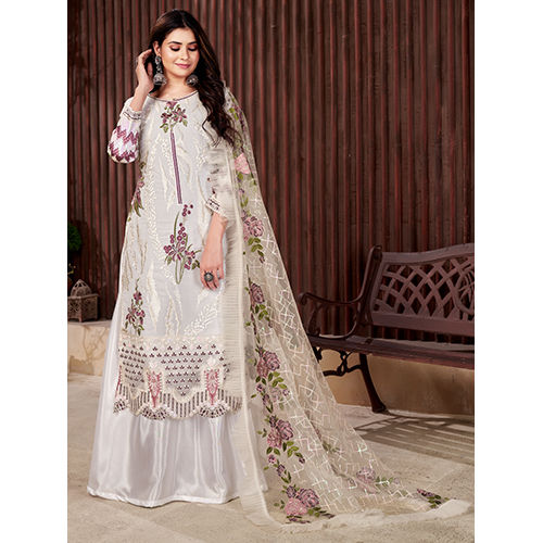 Punjabi Suit - High-Quality Fabric, Customized Sizes, Elegant White with Multicolor Embroidery, Full Sleeves Design