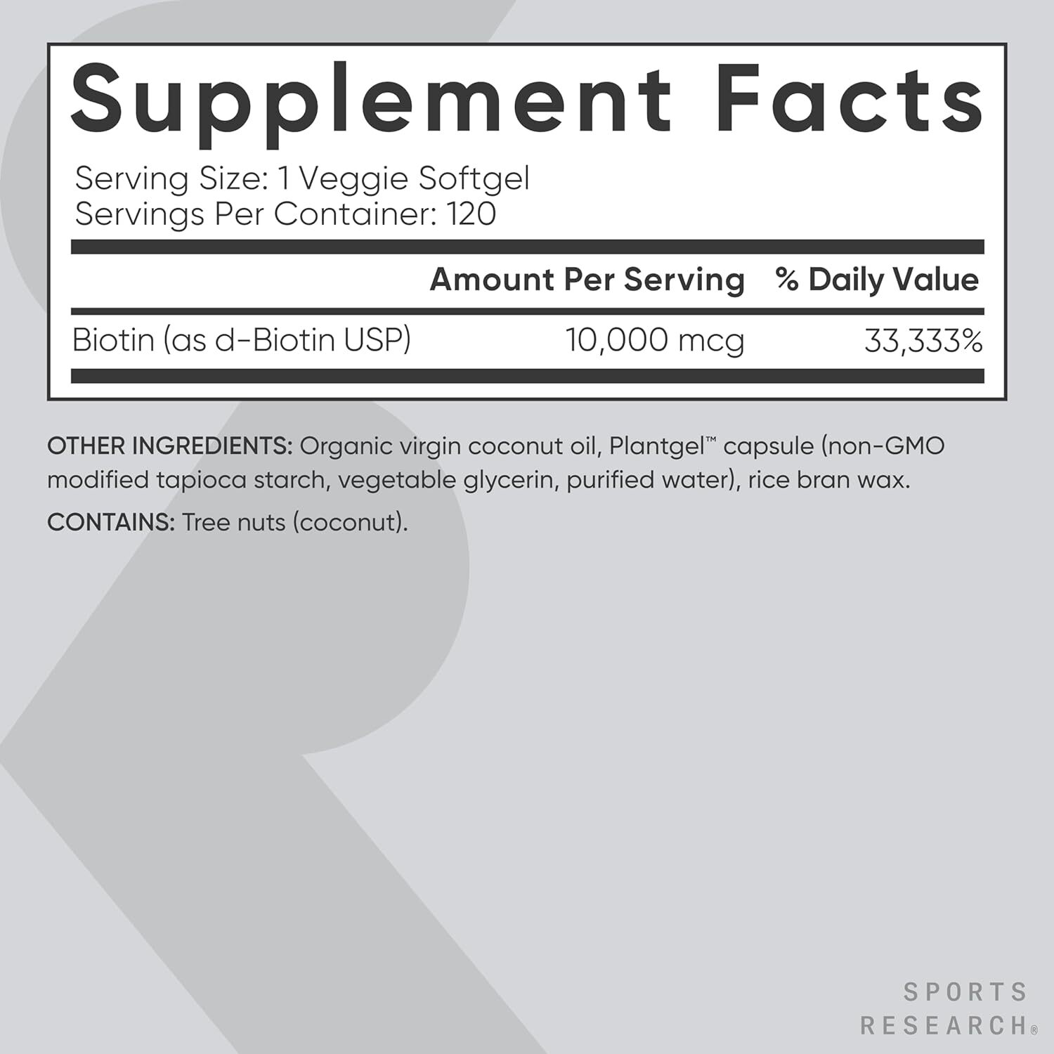 Sports Research Vegan Biotin 10,000mcg with Coconut Oil  120 Softgels