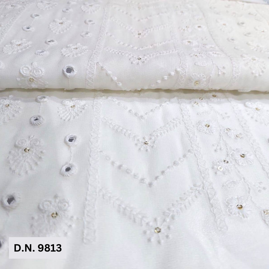 White Mirror Work Embroidery fabric