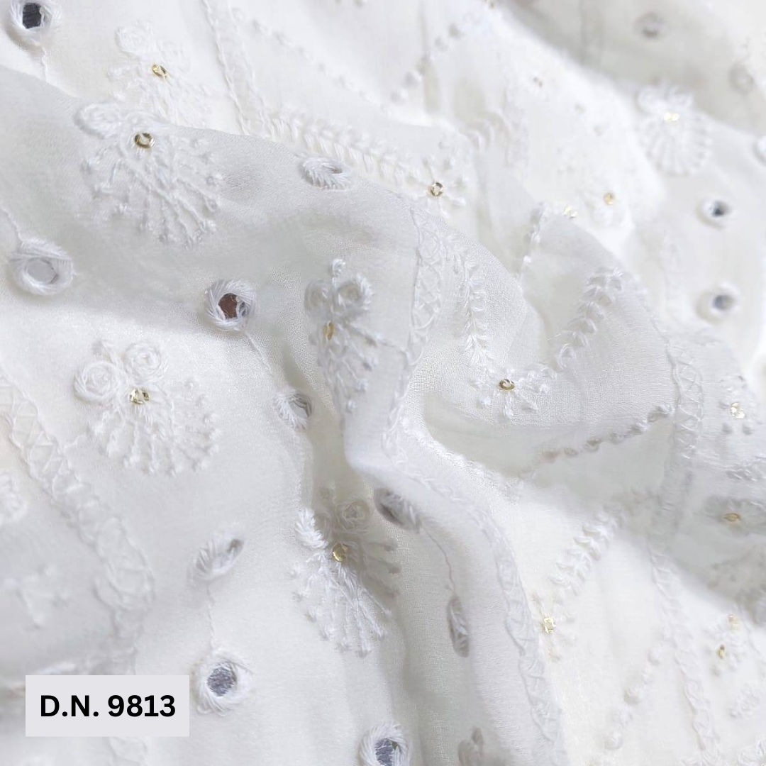 White Mirror Work Embroidery fabric