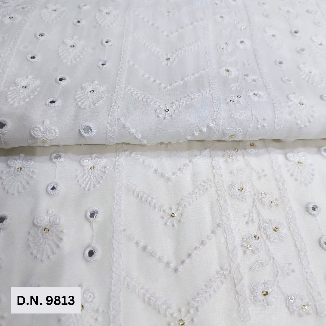 White Mirror Work Embroidery fabric