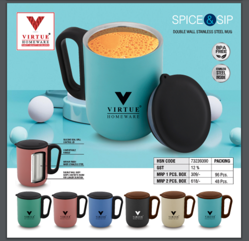 SPICE & SIP VIRTUE HOMEWARE STAINLESS STEEL MUGS - Double Wall Body Mirror Finish Comfortable Grip Lightweight Design