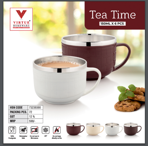 TEA TIME VIRTUE HOMEWARE S.S. MUGS - Double Wall Insulated, Mirror Finish, Comfortable Grip, Lightweight Design | Set of 6 Mugs