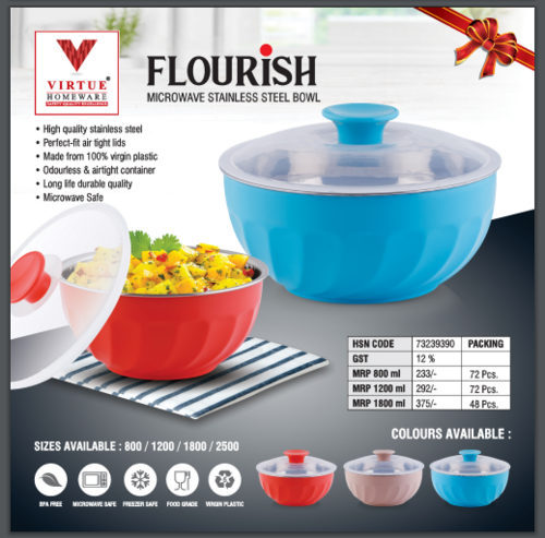 FLOURISH VIRTUE HOMEWARE MICROWAVE ST. STEEL BOWL - 1200 ml | Airtight Lids, Microwave & Freezer Safe, Long Lasting Durability
