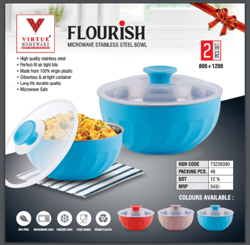 FLOURISH VIRTUE HOMEWARE STAINLESS STEEL BOWL 2PCS SET - Microwave Safe, Freezer Safe | Long Life Durable Quality with Perfect Fit Airtight Lids