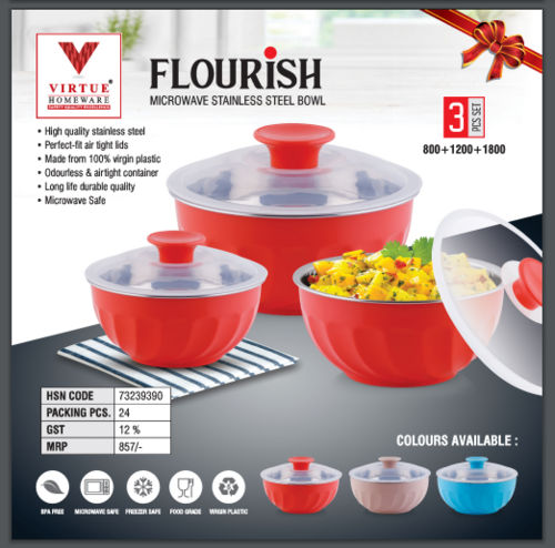 Flourish Virtue Homeware Microwave St. Steel Bowl 3pcs Set