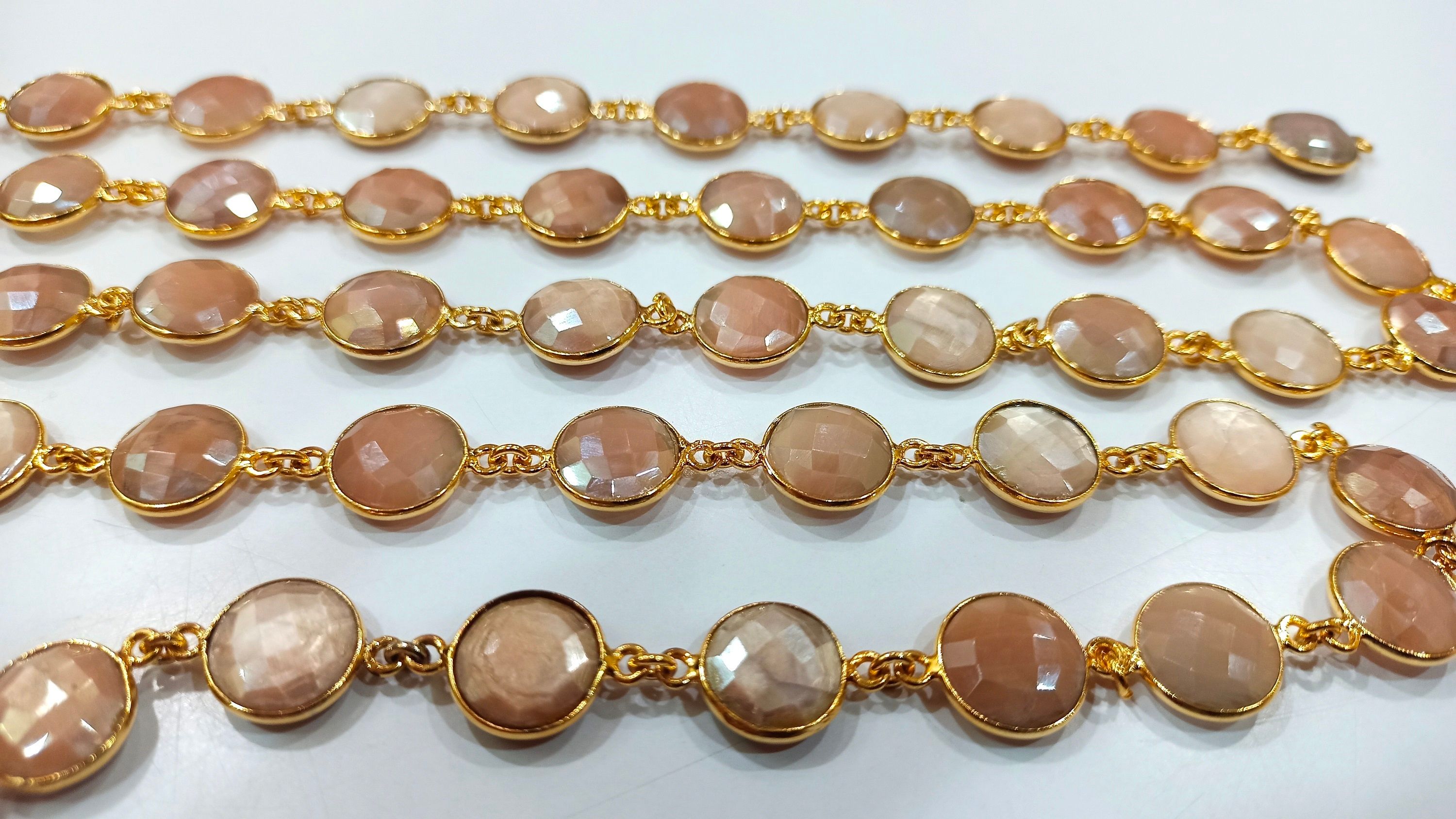 Natural Peach Moonstone Coin Shape 12mm Bezel Connector Chain Sold Per Foot