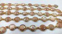 Natural Peach Moonstone Coin Shape 12mm Bezel Connector Chain Sold Per Foot