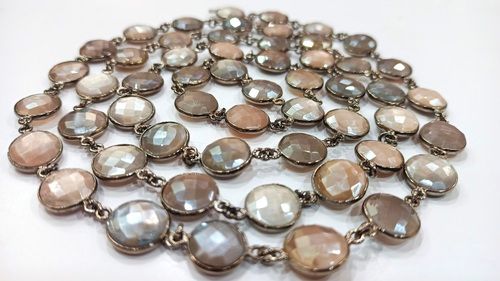 Natural Grey Moonstone Coin Shape 12mm Bezel Connector Chain Sold Per Foot