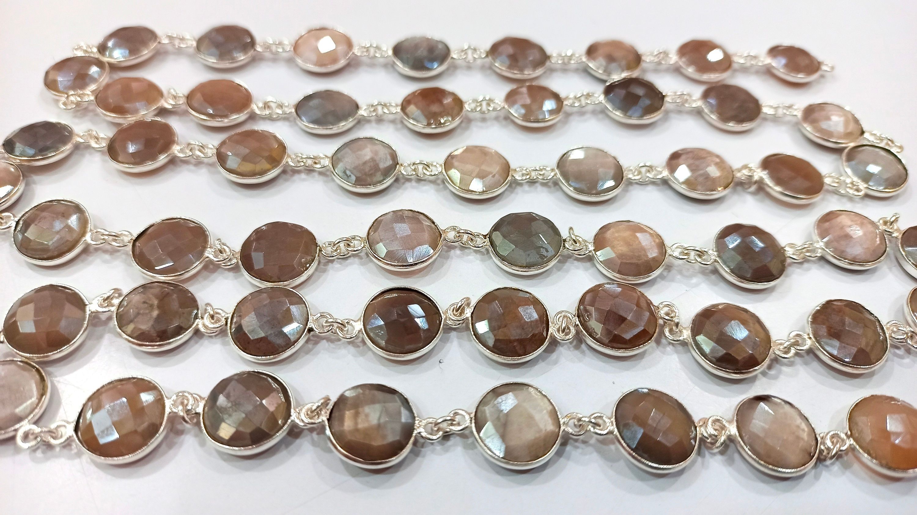 Natural Grey Moonstone Coin Shape 12mm Bezel Connector Chain Sold Per Foot