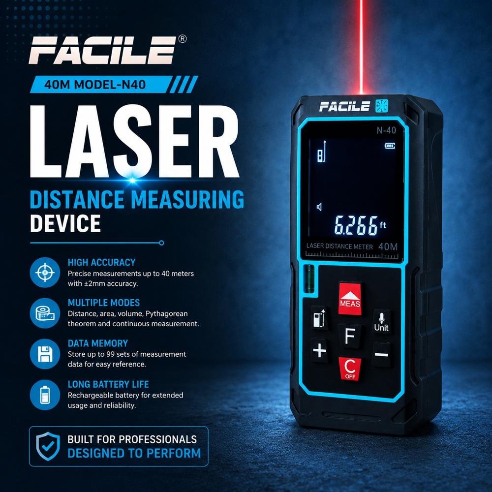 FACILE N-40M - Plastic, Black Color | Accurate Distance Measurement Tool
