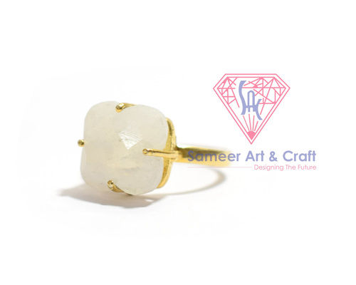 925 Sterling Silver Natural Rainbow Moonstone Clover Shape Prong Setting Gold Plated Ring