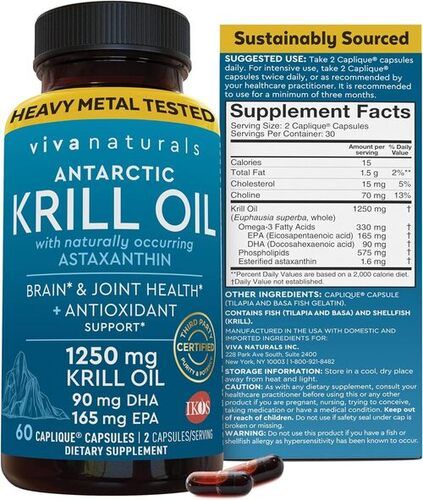 Viva Naturals Antarctic Krill Oil Omega 3 Fatty Acid Supplements 1250 mg, 60 Count