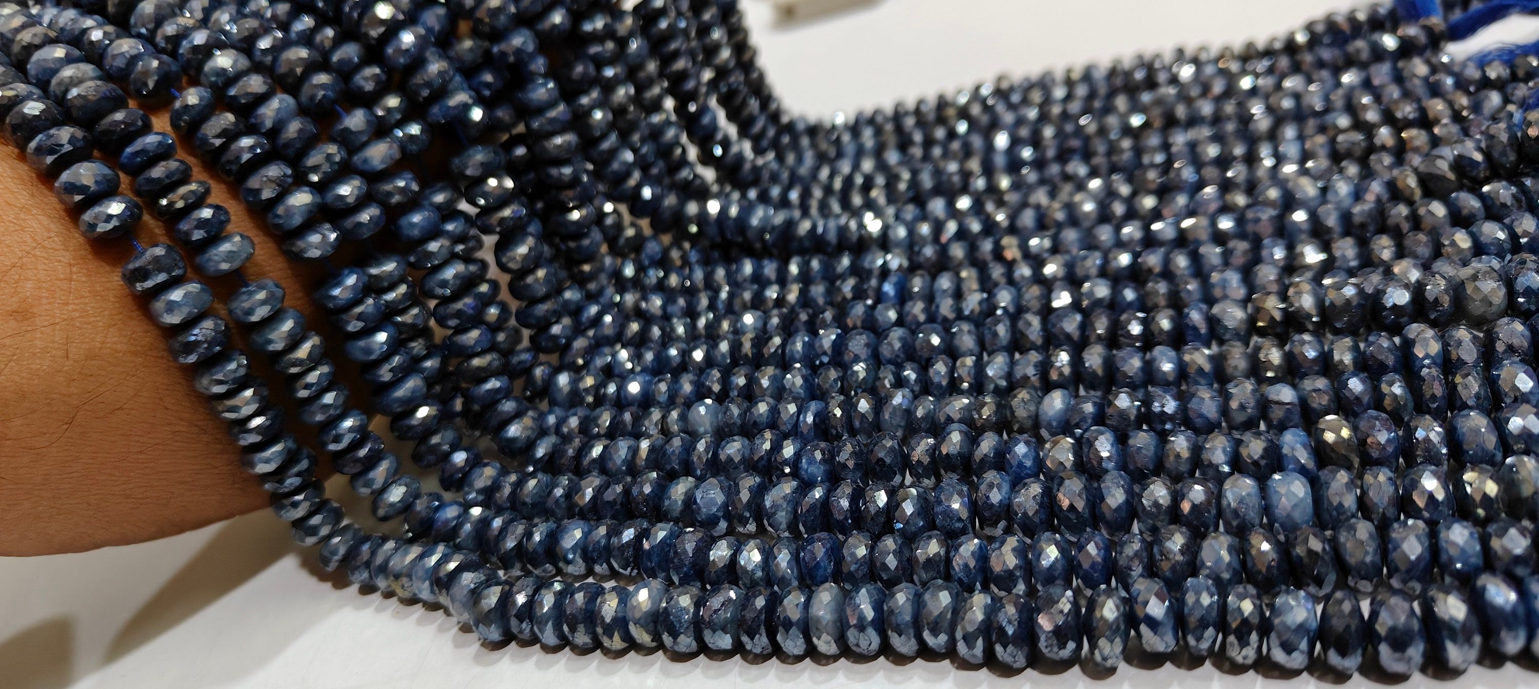 Natural Blue Sapphire Silverite Rondelle Faceted 6 to 9mm strand 8'' Long