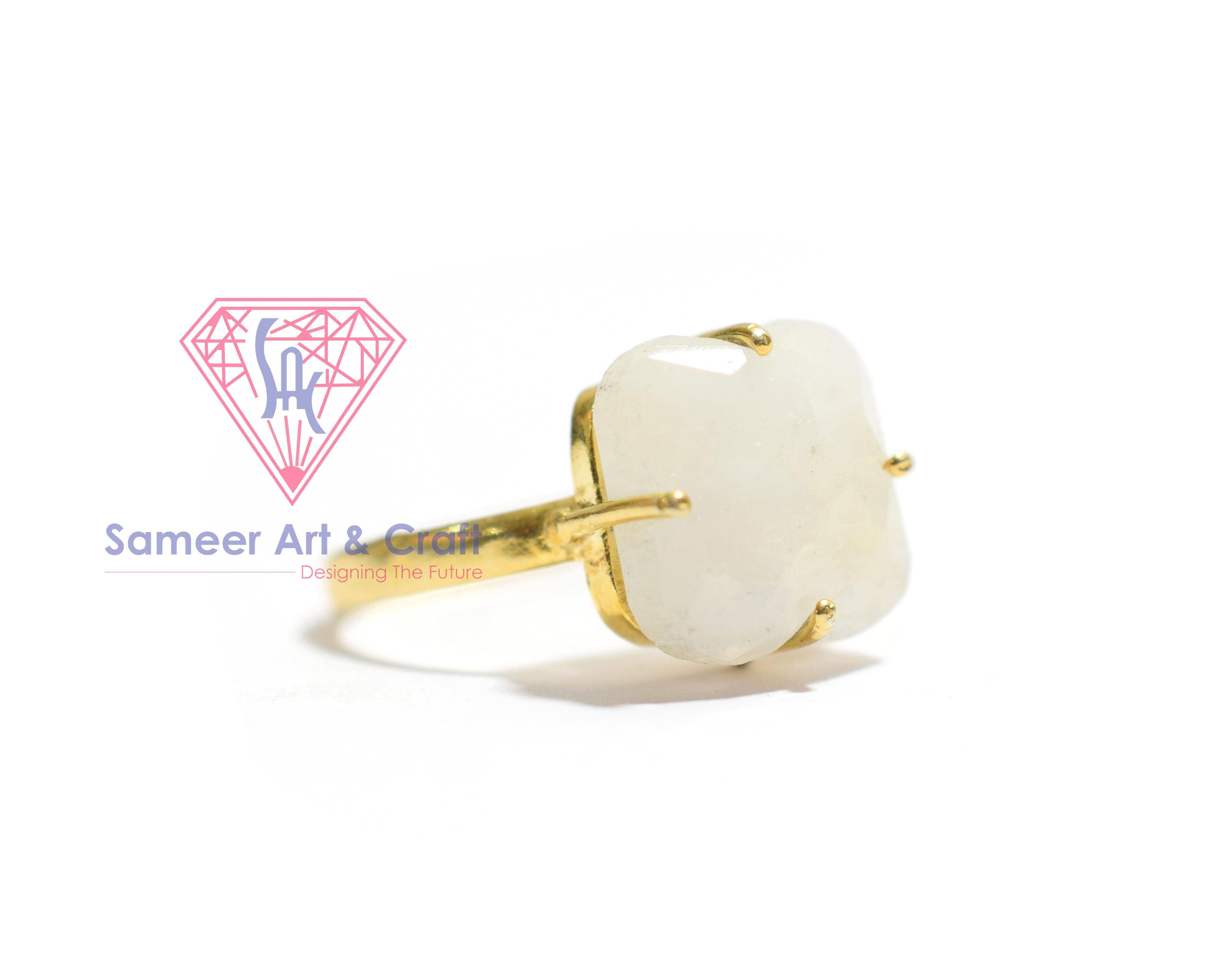 925 Sterling Silver Natural Rainbow Moonstone Clover Shape Prong Setting Gold Plated Ring