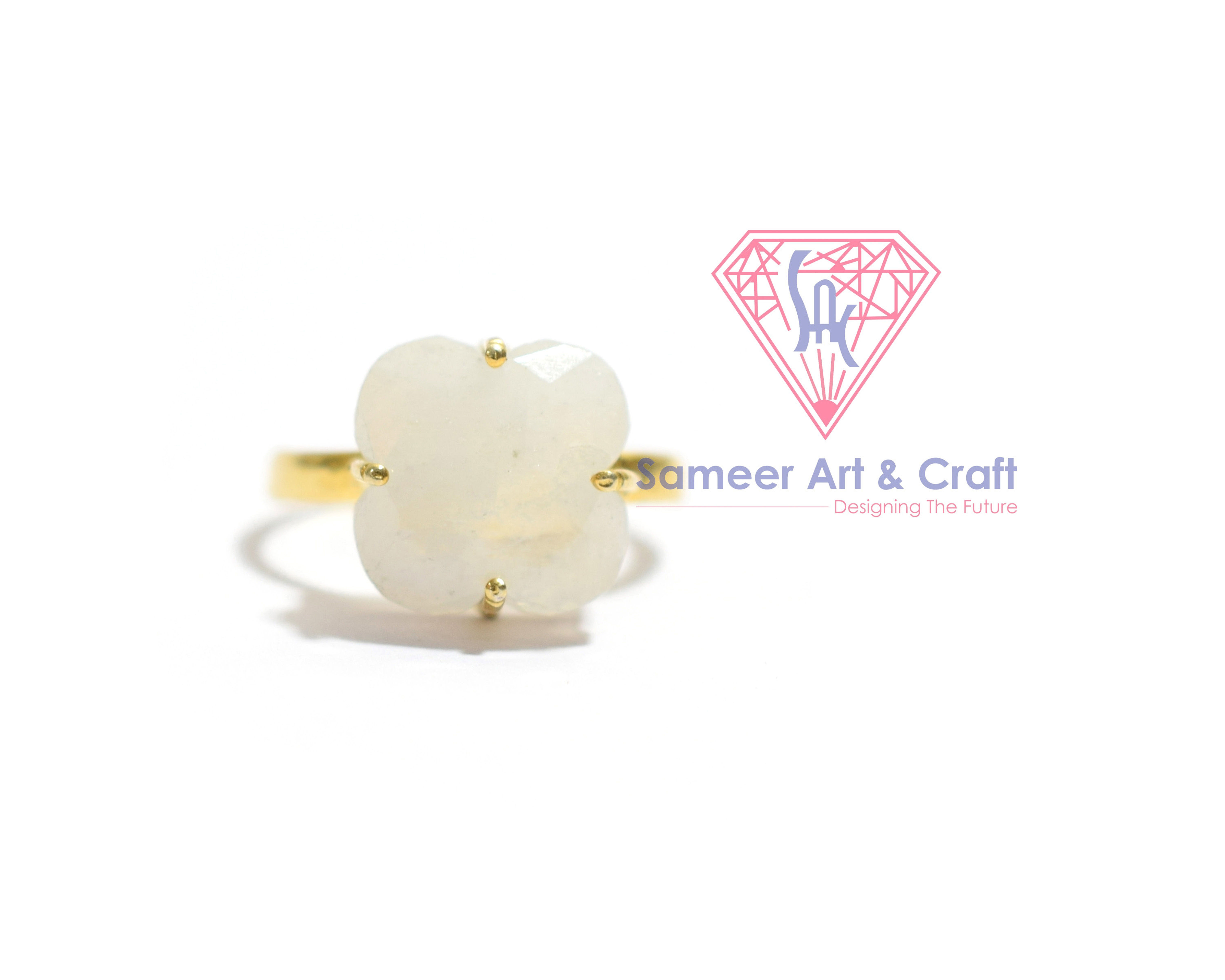 925 Sterling Silver Natural Rainbow Moonstone Clover Shape Prong Setting Gold Plated Ring