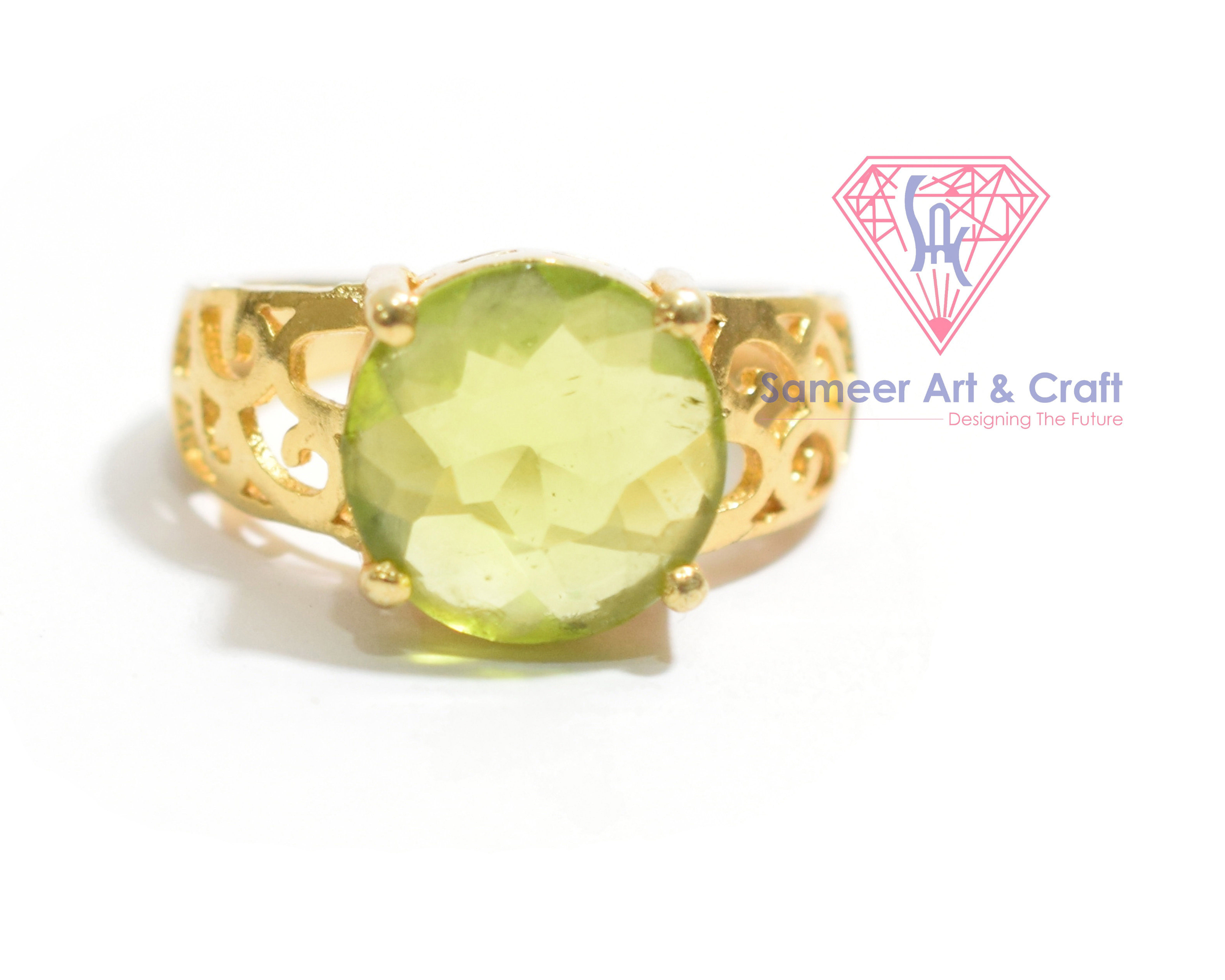 925 Sterling Silver Peridot Quartz Gemstone Round Shape Gold Plated Ring