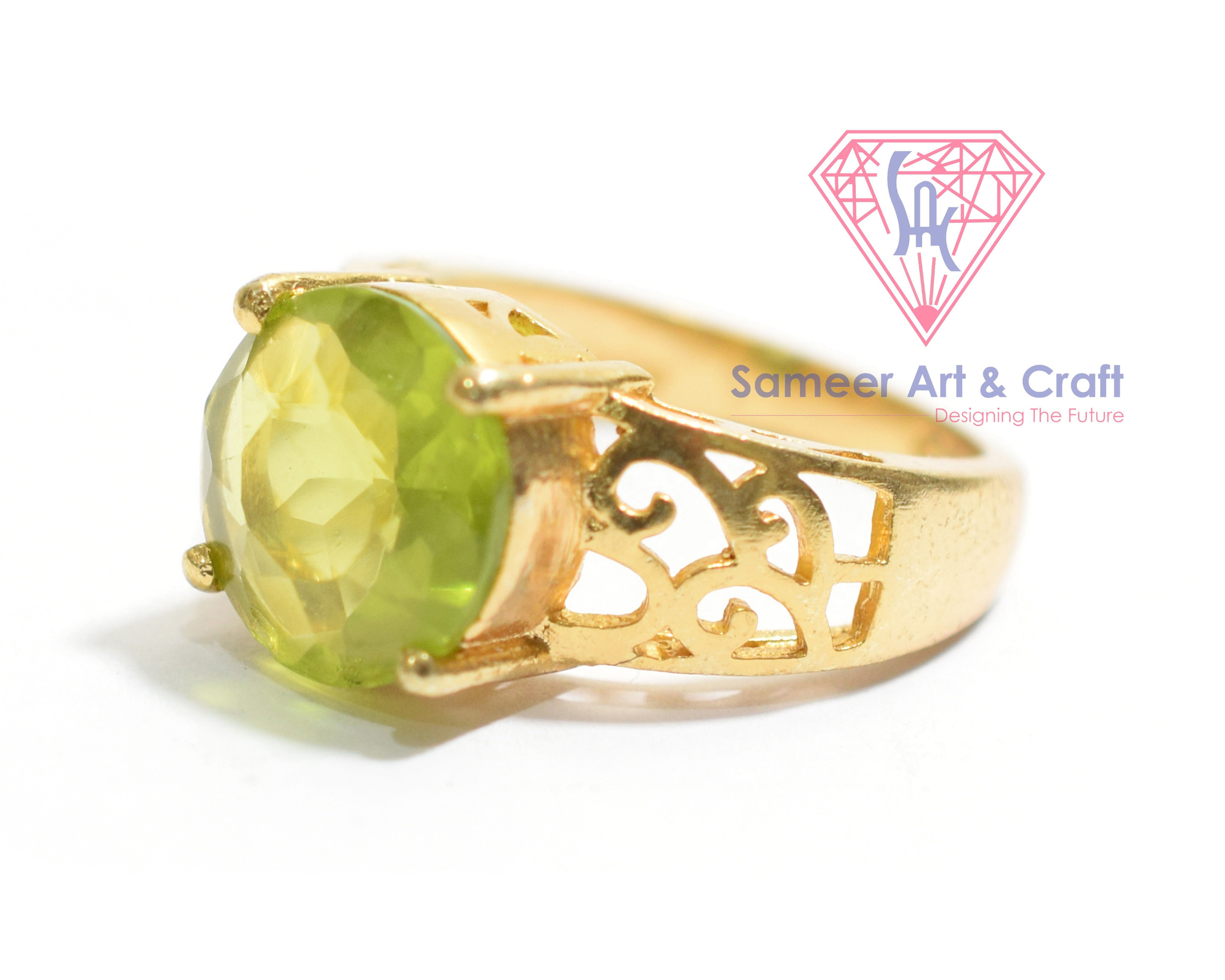 925 Sterling Silver Peridot Quartz Gemstone Round Shape Gold Plated Ring