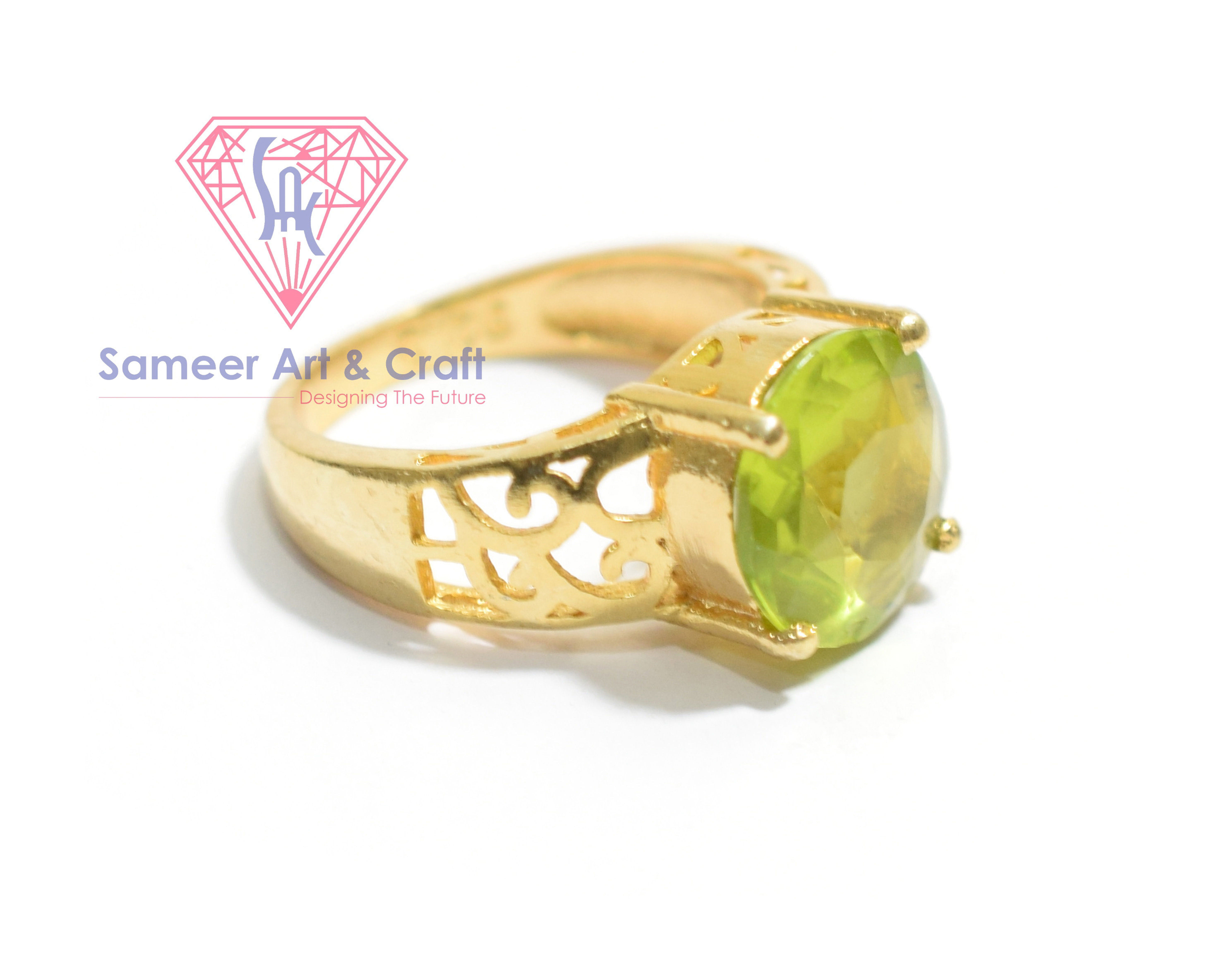 925 Sterling Silver Peridot Quartz Gemstone Round Shape Gold Plated Ring