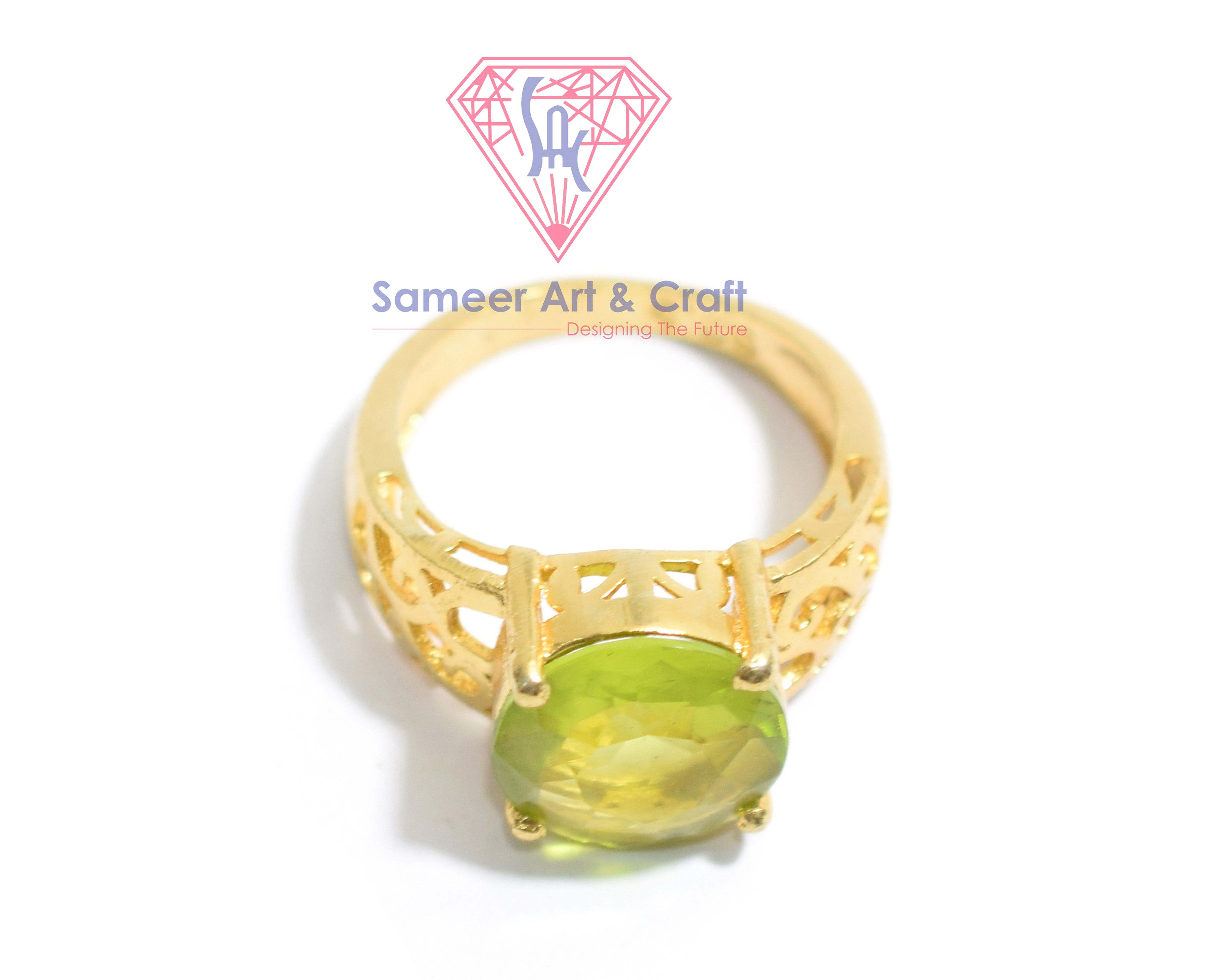 925 Sterling Silver Peridot Quartz Gemstone Round Shape Gold Plated Ring