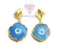 Sky Blue Solar Quartz Electroplated Gold Plated Gemstone Stud Earring