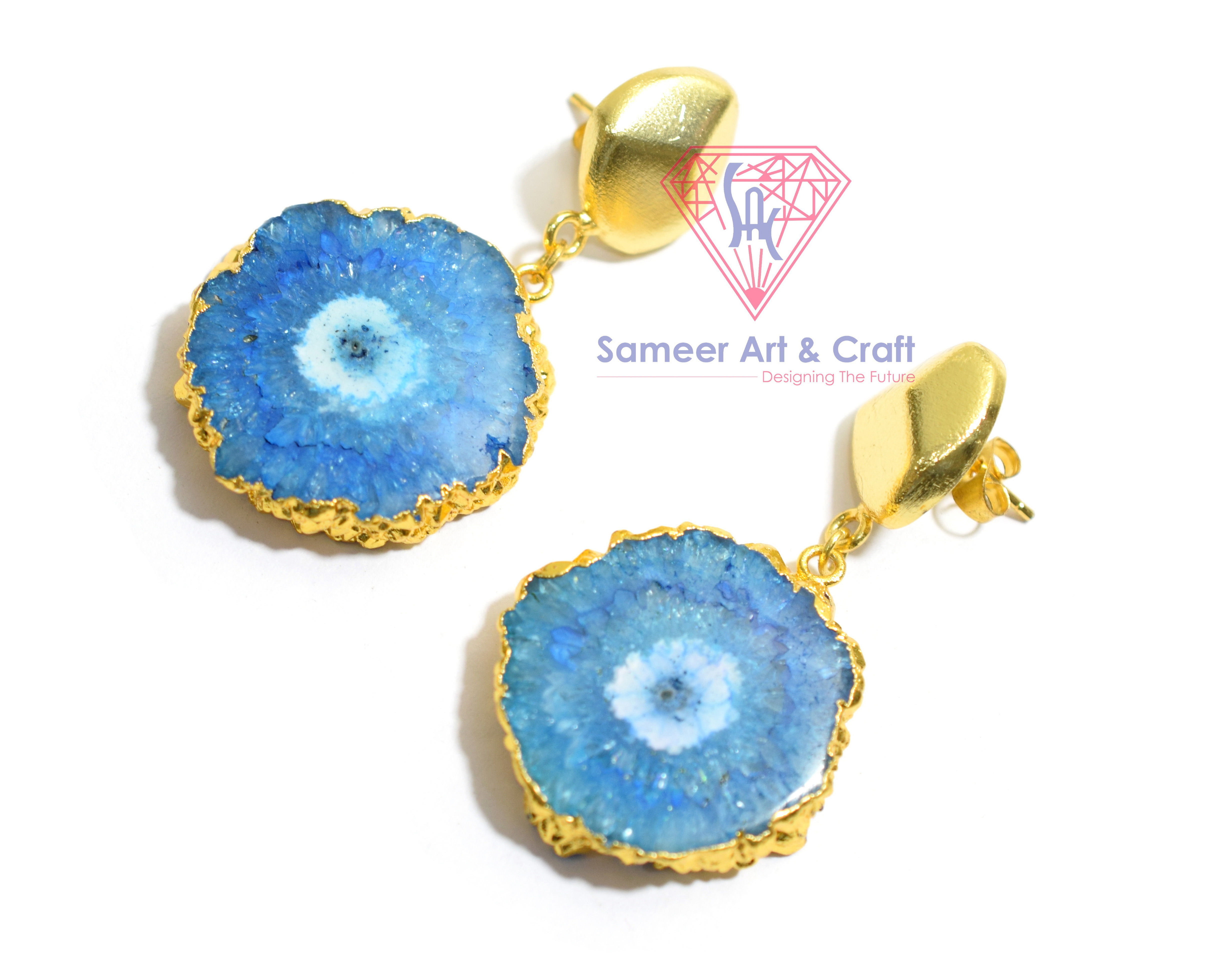 Sky Blue Solar Quartz Electroplated Gold Plated Gemstone Stud Earring