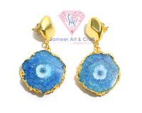 Sky Blue Solar Quartz Electroplated Gold Plated Gemstone Stud Earring