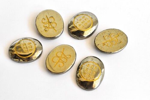 Pyrite Flat Stones, Natural Oval Crystals With Zibu Symbol