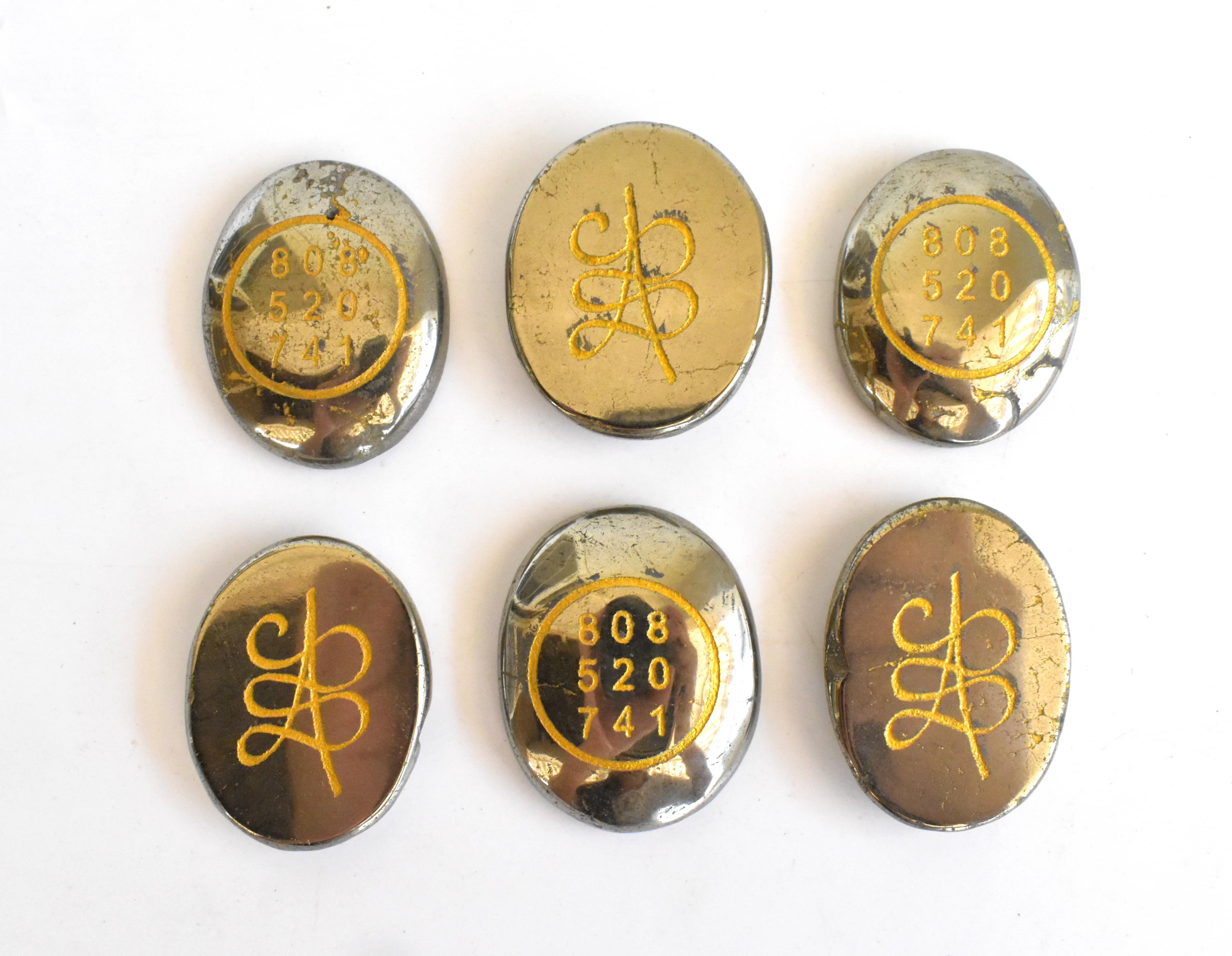 Pyrite Flat Stones, Natural Oval Crystals with Zibu Symbol