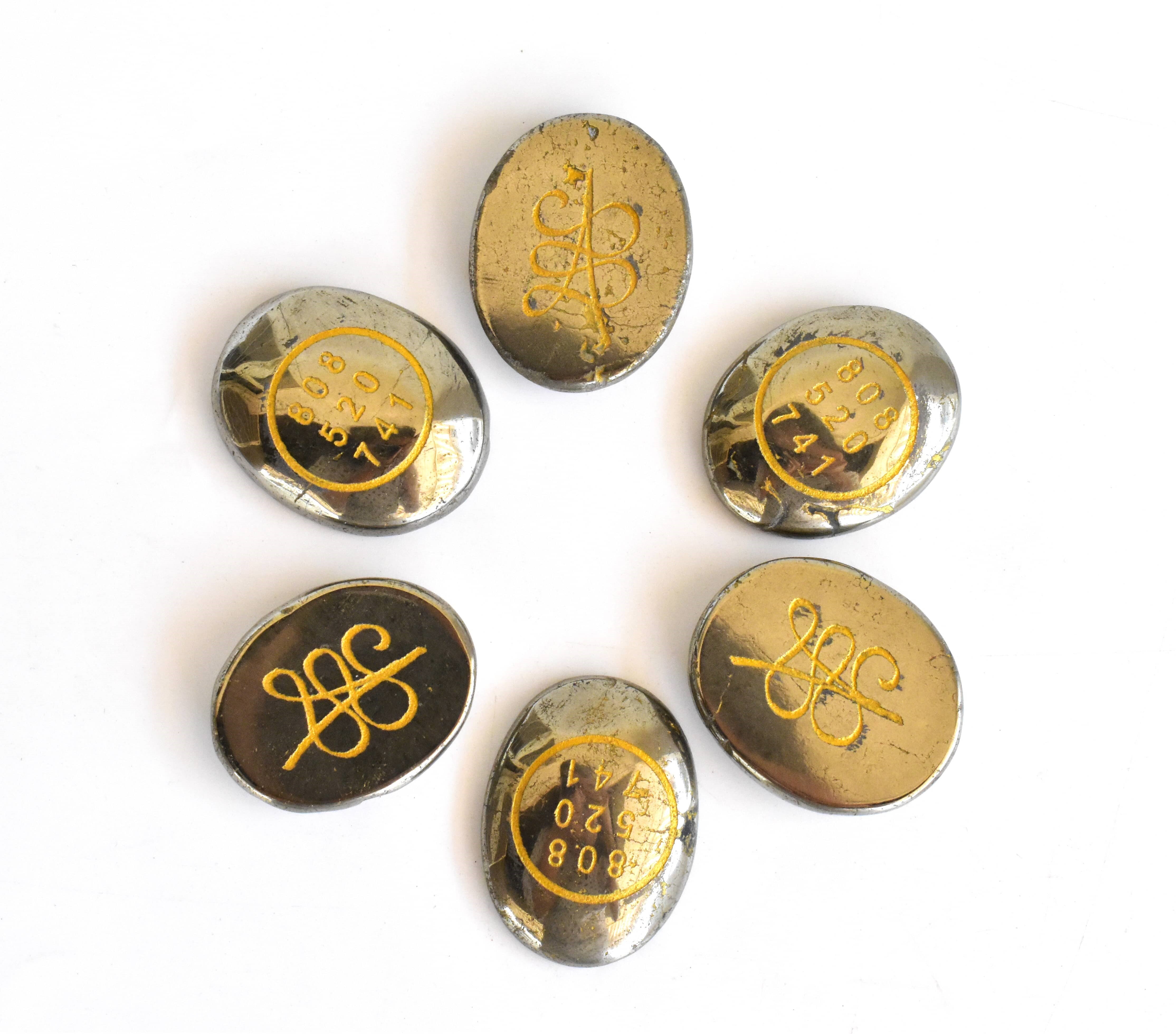 Pyrite Flat Stones, Natural Oval Crystals with Zibu Symbol