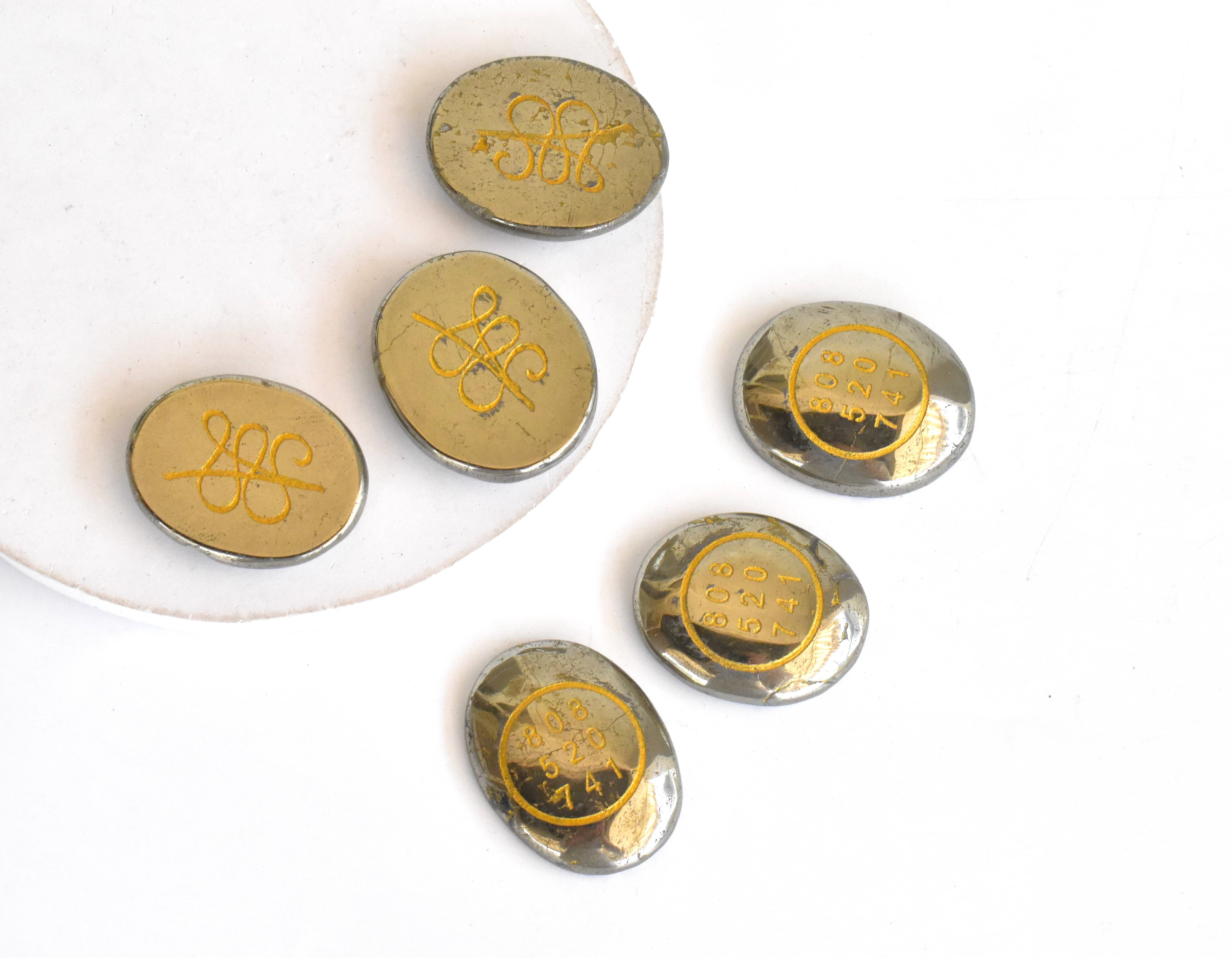 Pyrite Flat Stones, Natural Oval Crystals with Zibu Symbol