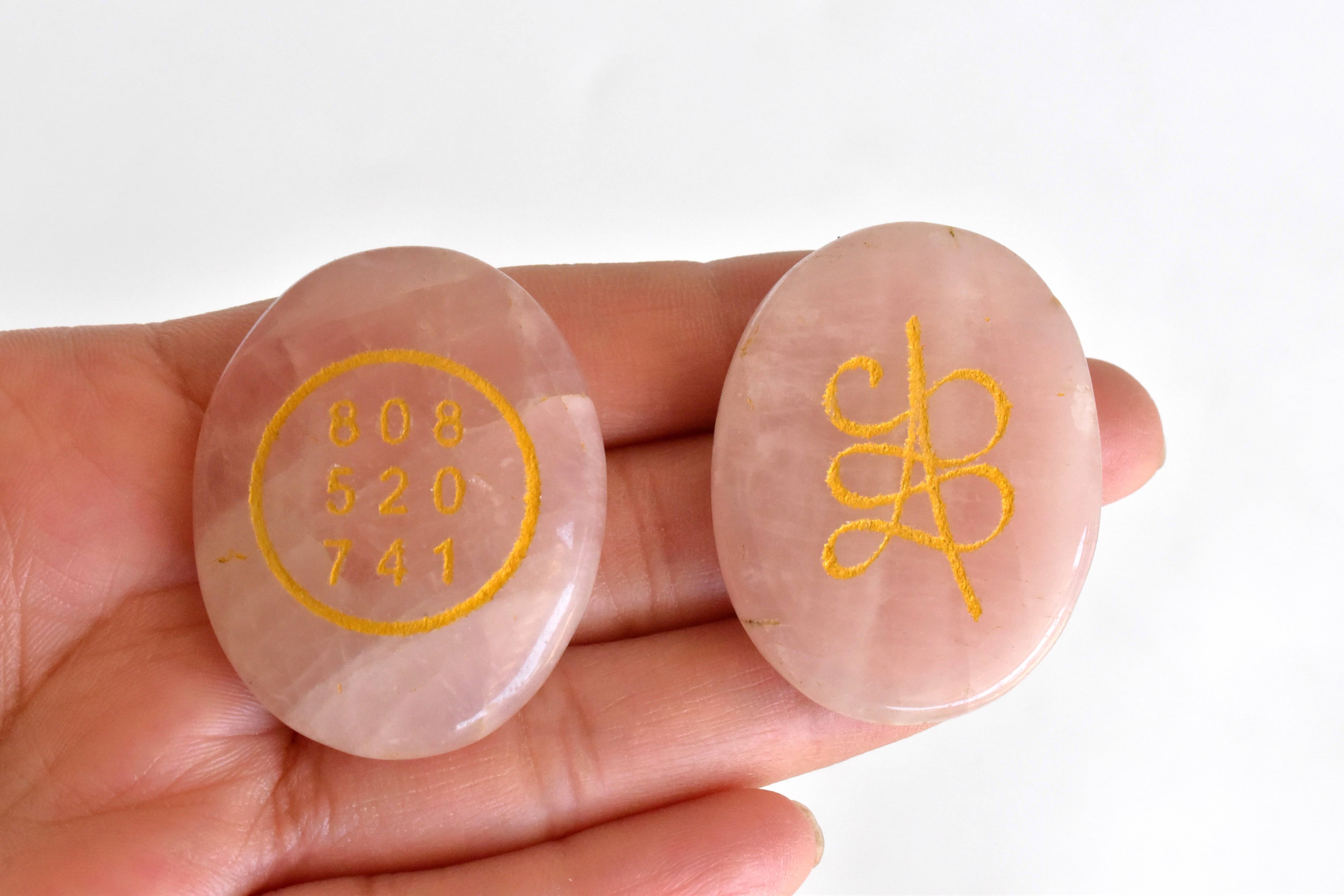 Rose Quartz Flat Stones, Natural Oval Crystals with Zibu Symbol