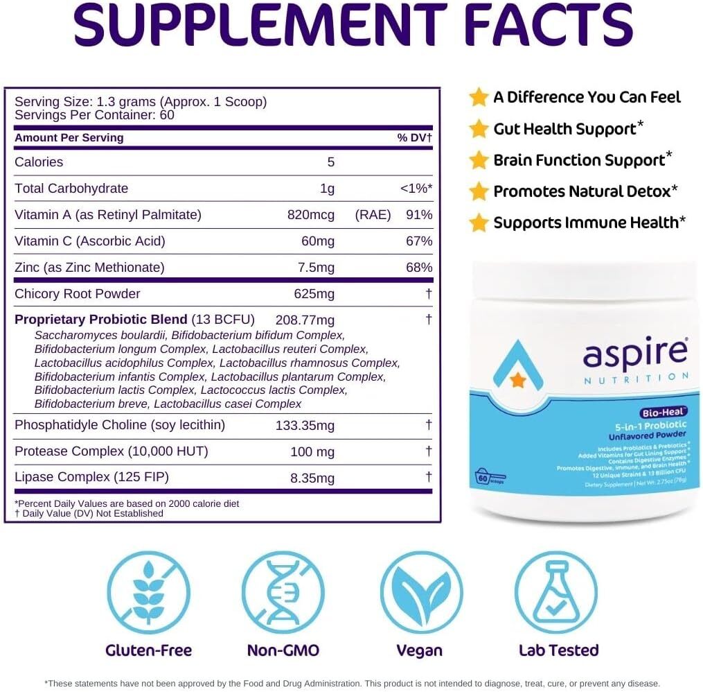 Aspire Nutrition 5-in-1 Bio-Heal Probiotic for Kids, Men & Women