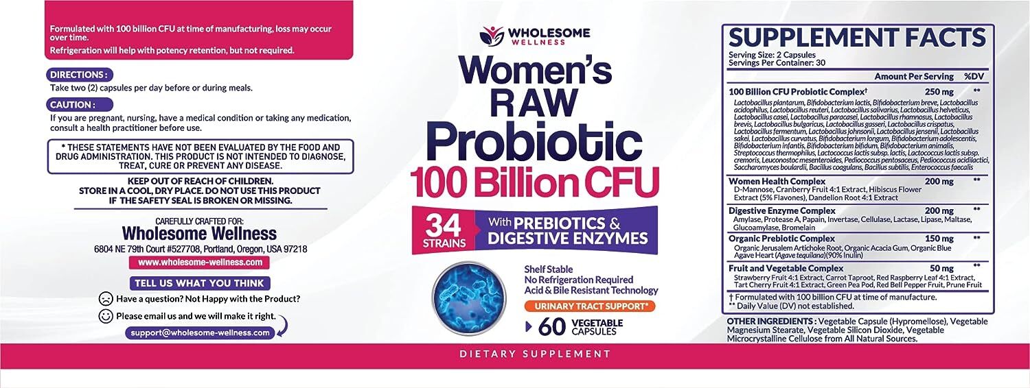 Wholesome Wellness Dr. Formulated Raw Probiotics for Women 100 Billion Capsules