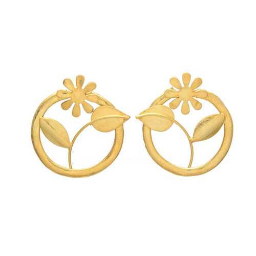 Golden woman flower and leaf round earring set