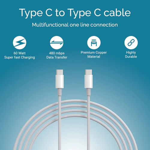 Compatibility C to C USB Type Charging Cable 1 Meter White Plastic Copper 3A Data