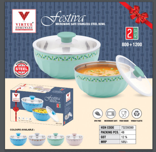 FESTIVA VIRTUE HOMEWARE MICROWAVE SAFE ST. STEEL BOWL 2PCS SET