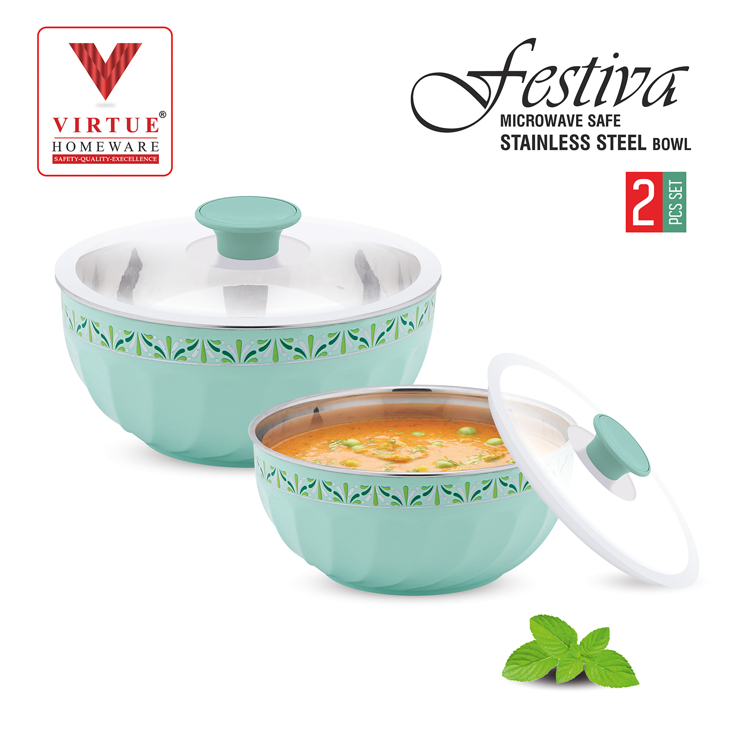 FESTIVA VIRTUE HOMEWARE MICROWAVE SAFE ST. STEEL BOWL 2PCS SET