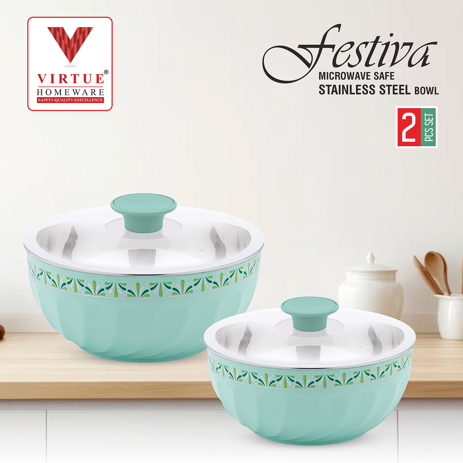 FESTIVA VIRTUE HOMEWARE MICROWAVE SAFE ST. STEEL BOWL 2PCS SET