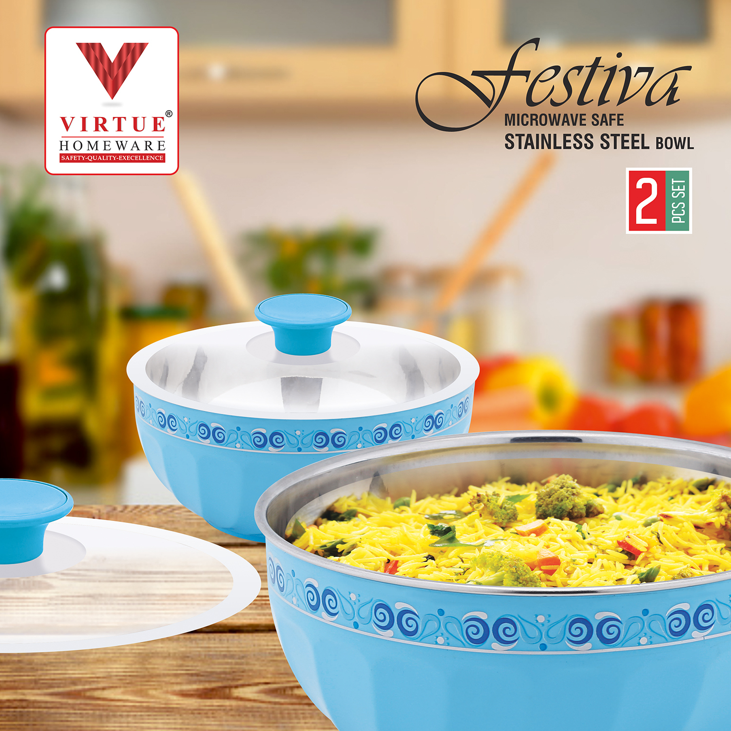 FESTIVA VIRTUE HOMEWARE MICROWAVE SAFE ST. STEEL BOWL 2PCS SET