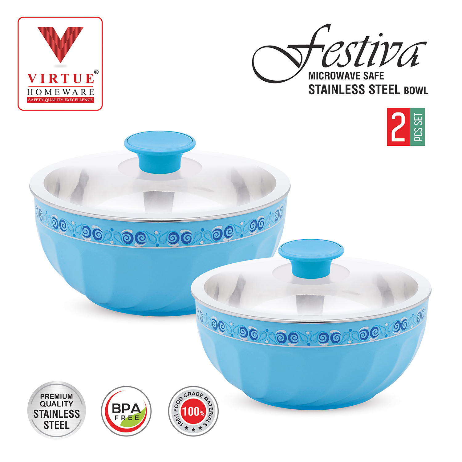 FESTIVA VIRTUE HOMEWARE MICROWAVE SAFE ST. STEEL BOWL 2PCS SET