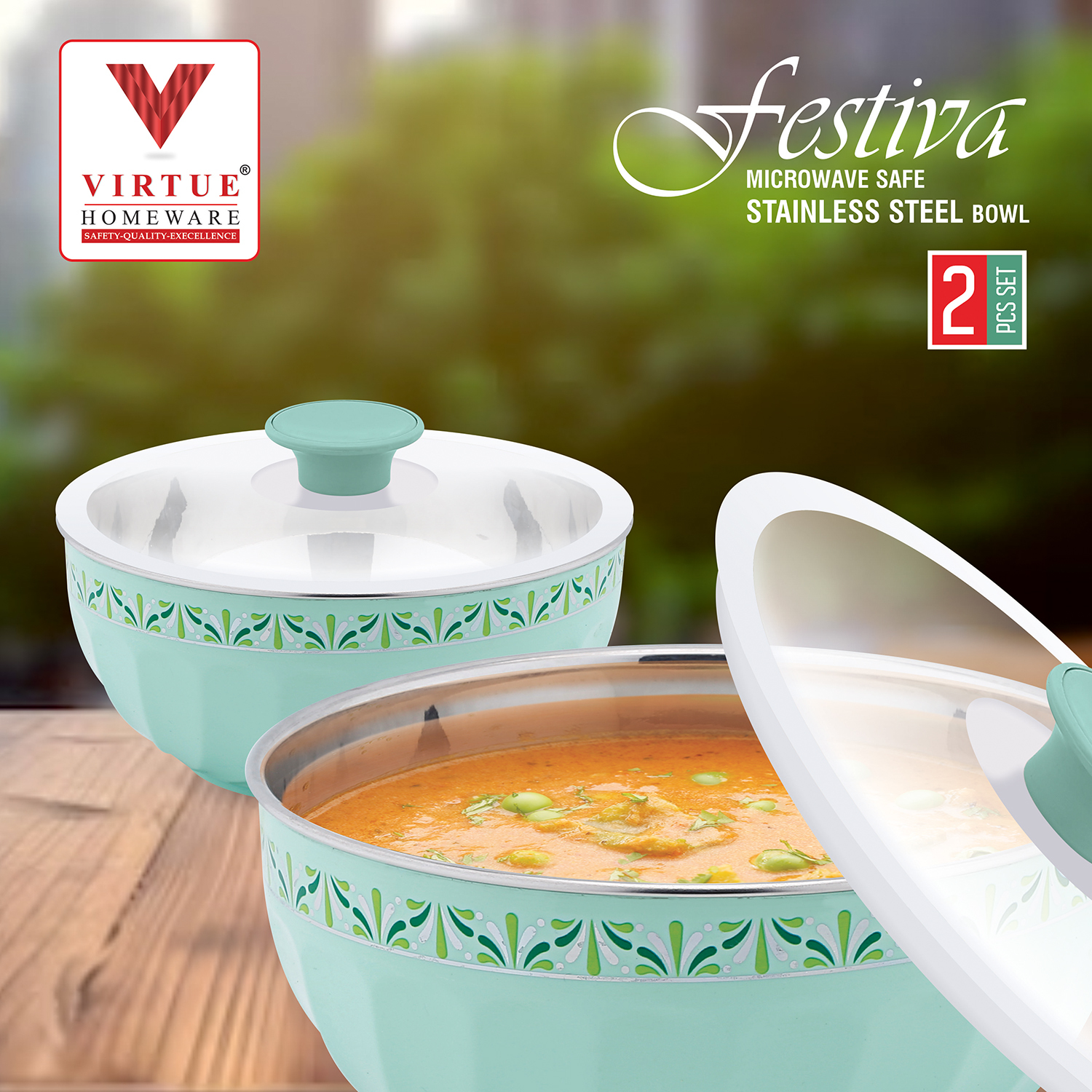FESTIVA VIRTUE HOMEWARE MICROWAVE SAFE ST. STEEL BOWL 2PCS SET