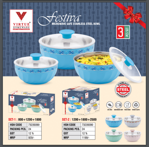 Festiva Virtue Homeware Microwave Safe St. Steel Bowl 3 Pcs Set - Size: 1200Ml+1800Ml+2500Ml