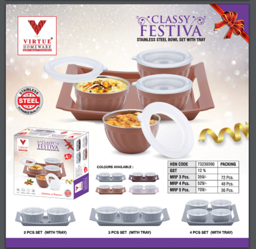 VIRTUE HOMEWARE - Stainless Steel 5-Piece Bowl Set with Tray | Airtight Lids, Microwave & Freezer Safe, Durable Quality
