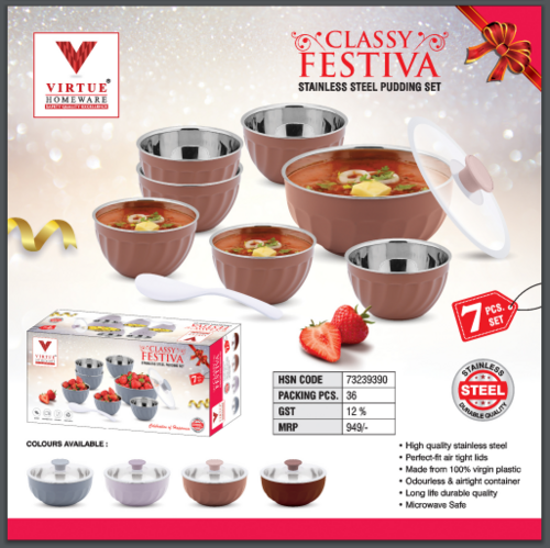 Virtue Homeware - 7 Pcs Stainless Steel Pudding Set | Airtight Lids Microwave & Freezer Safe Long-Lasting Durability