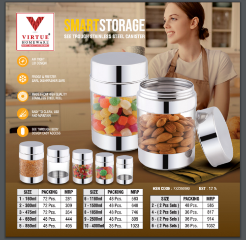 SMART STORAGE VIRTUE HOMEWARE SEE THROUGH STAINLESS STEEL CANISTER - 1500 ml | Air Tight Lid, Fridge & Freezer Safe, Dishwasher Safe